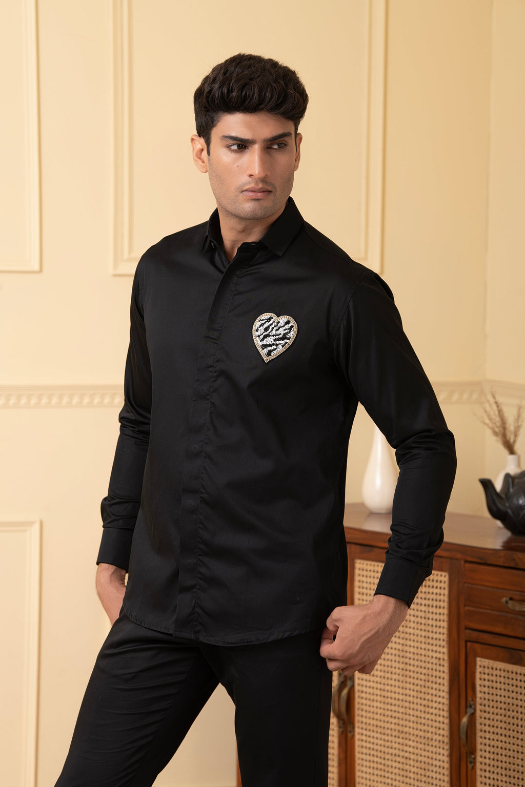 White And Black Heart Shaped Patch Shirt by Hilo Design