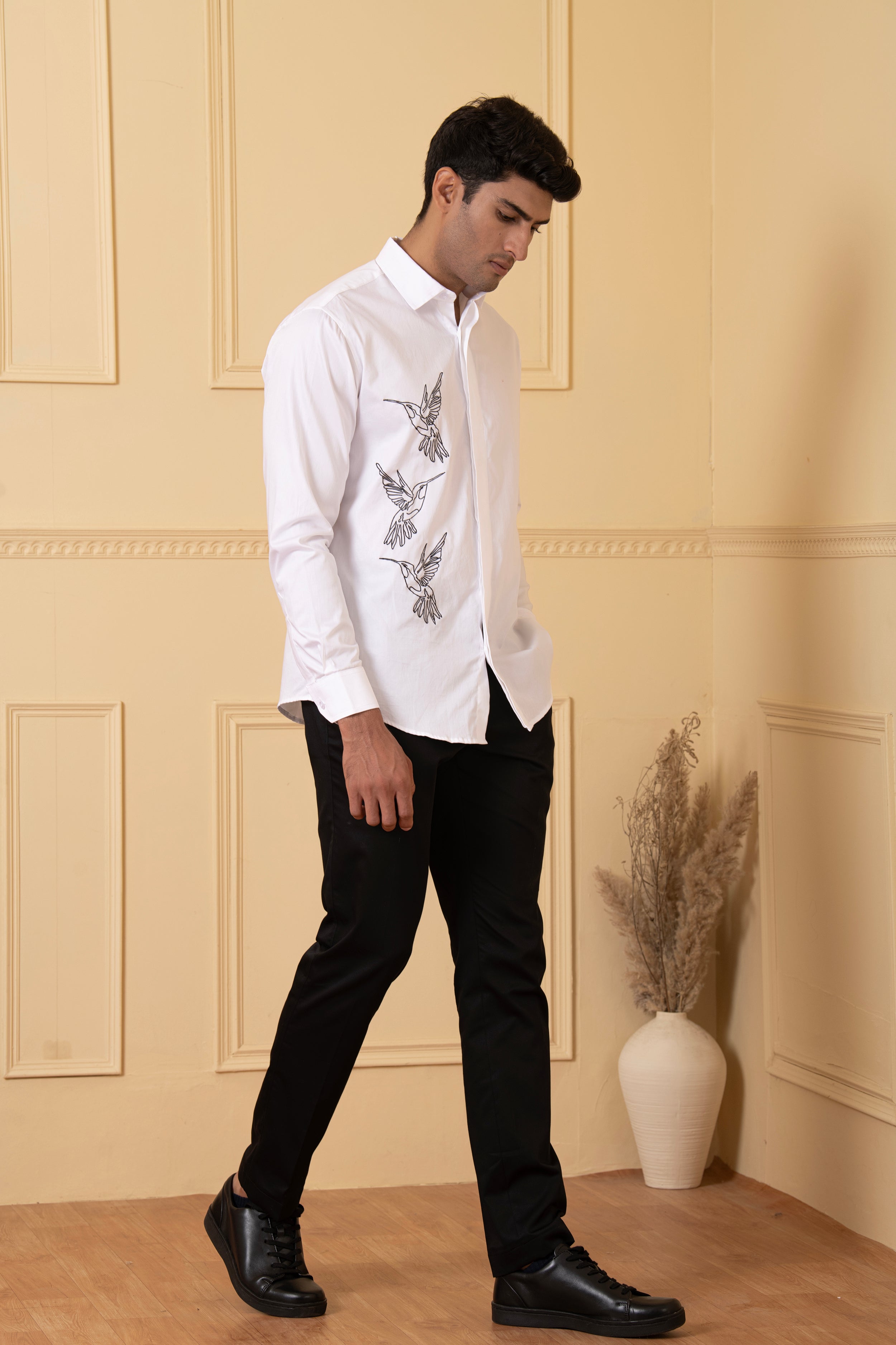 Aurora Birds Line Embroidery Shirt by Hilo Design