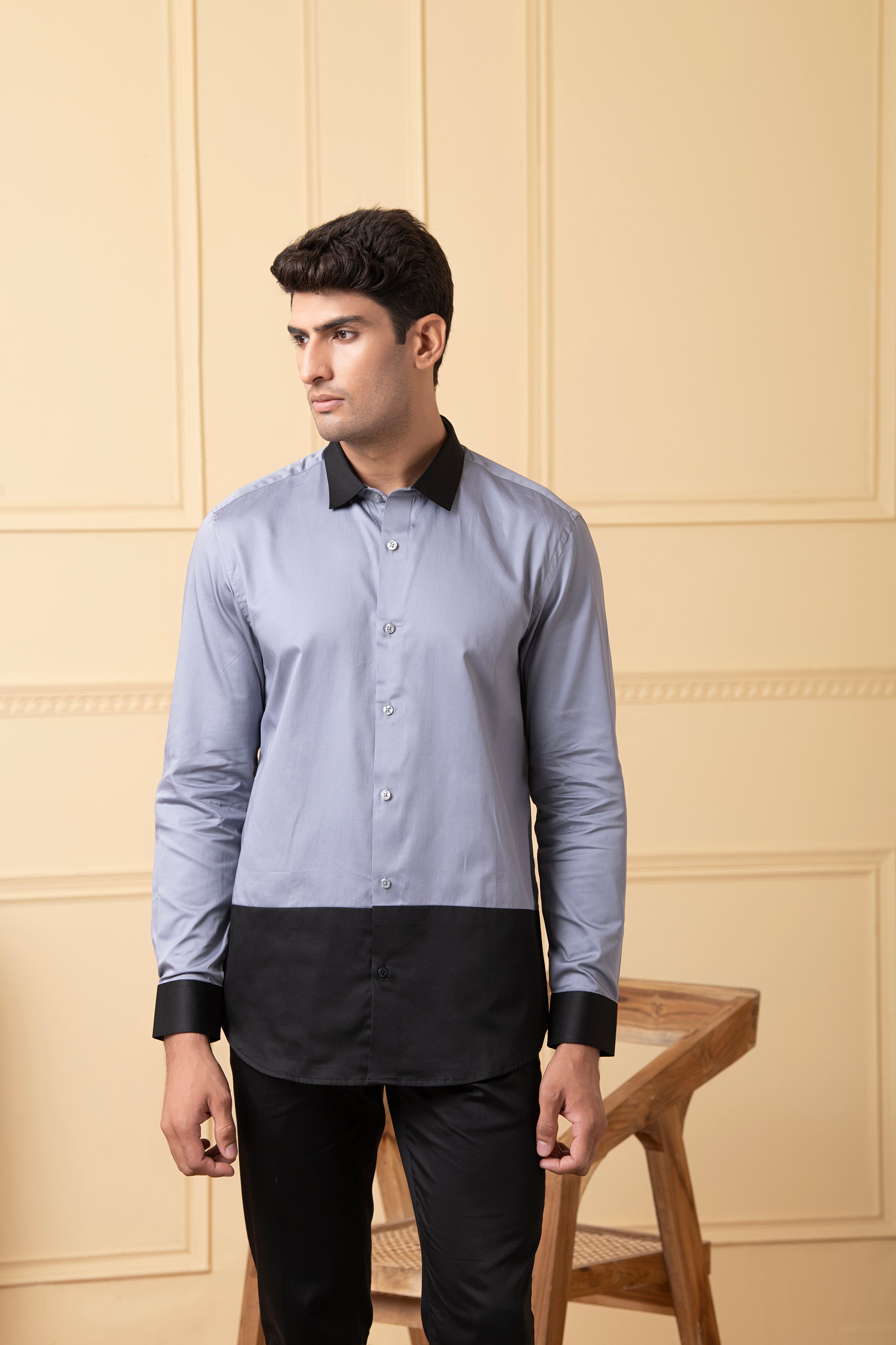 Grey Shirt With Black Patch Below The Pocket, And Black Collar by Hilo Design