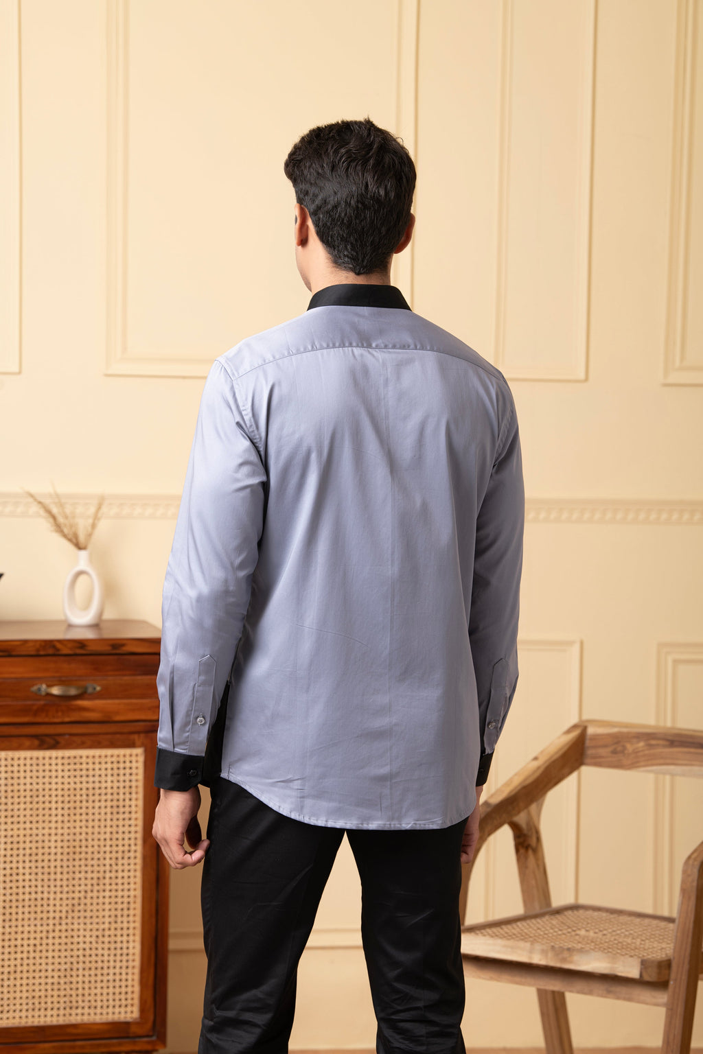 Grey Shirt With Black Patch Below The Pocket, And Black Collar by Hilo Design