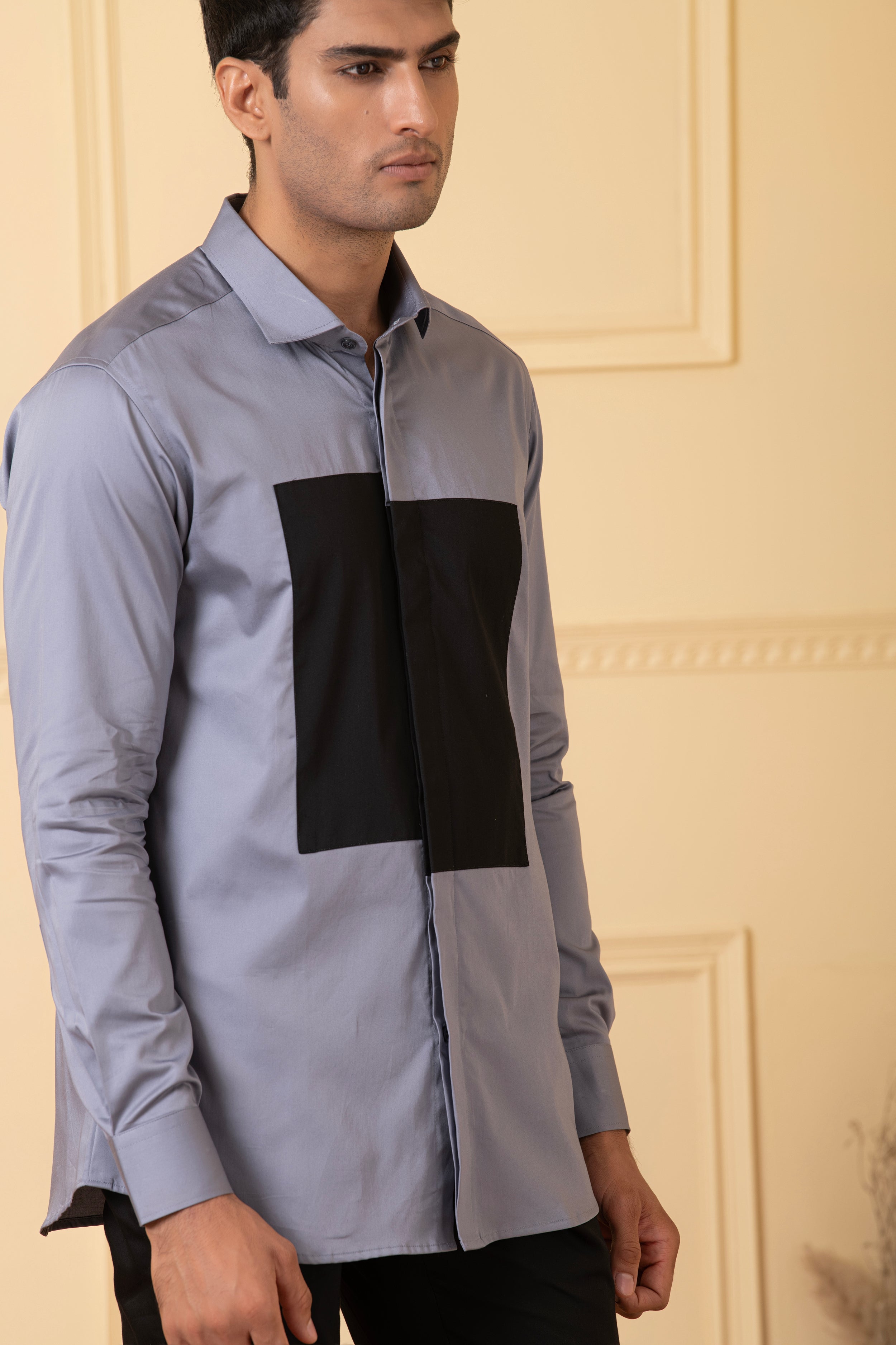 Grey Shirt With Black Patch Box by Hilo Design