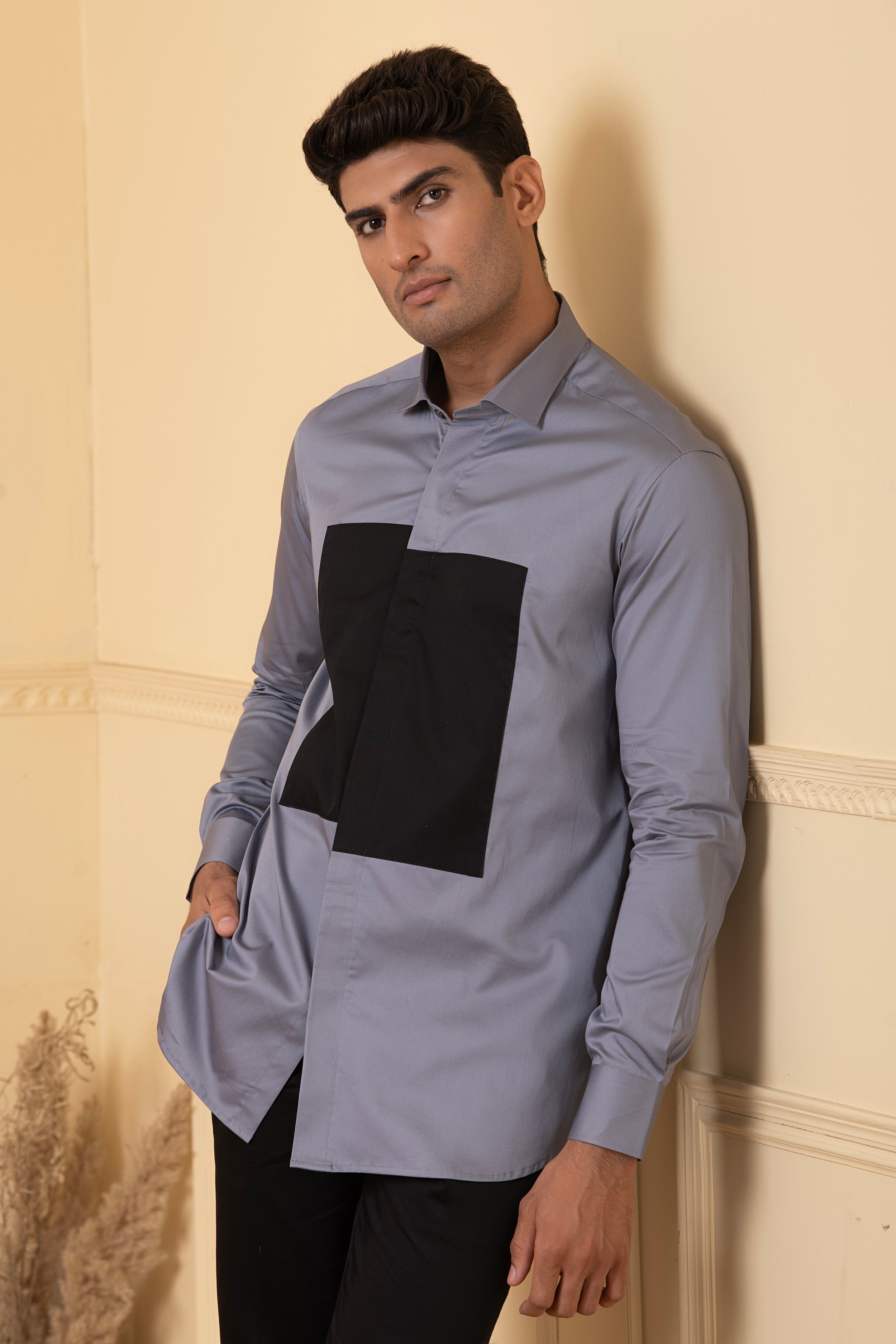 Grey Shirt With Black Patch Box by Hilo Design