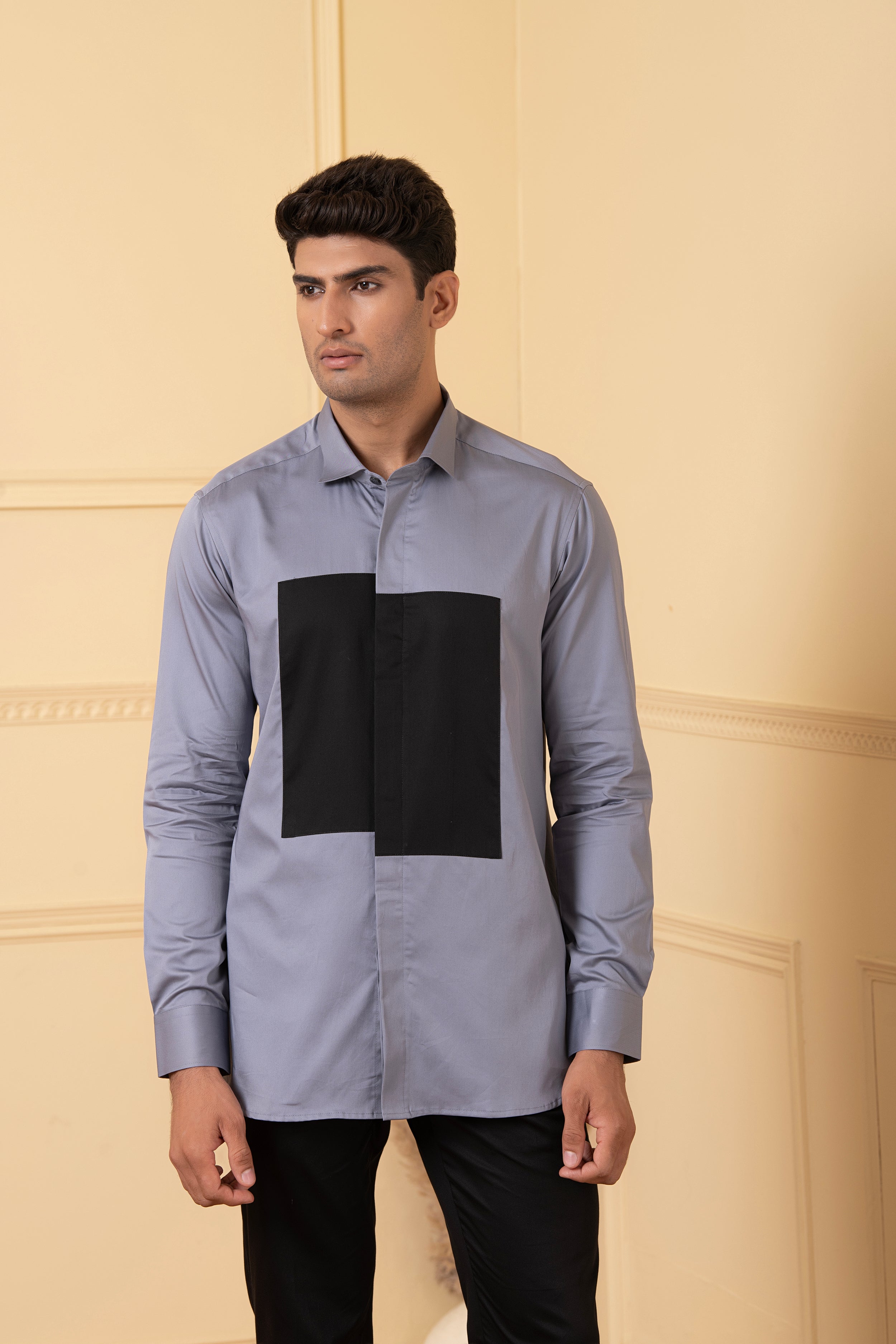 Grey Shirt With Black Patch Box by Hilo Design