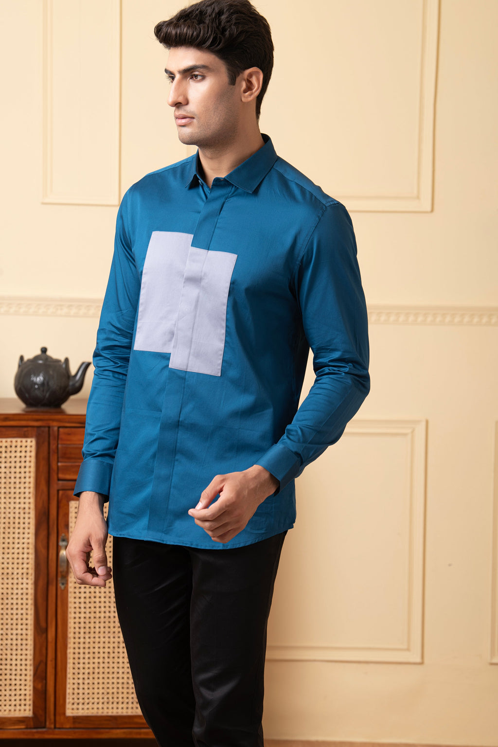 Blue Shirt With A Grey Patch Box by Hilo Design