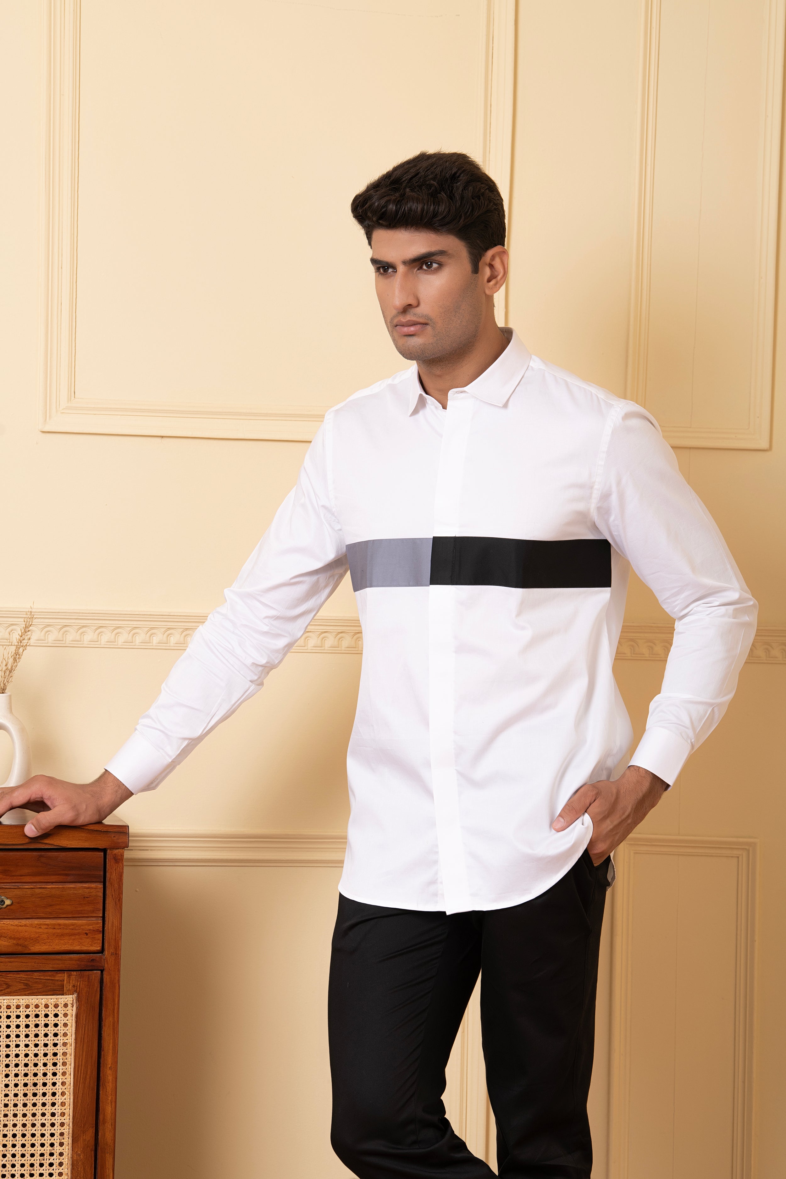 White Shirt With Grey And Black Horizontal Strip by Hilo Design