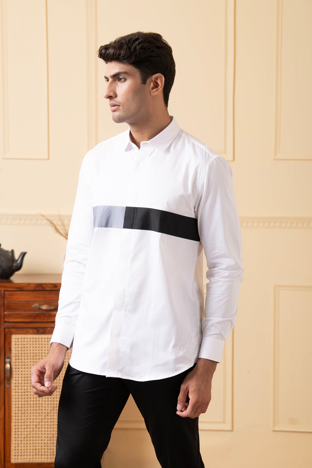 White Shirt With Grey And Black Horizontal Strip by Hilo Design