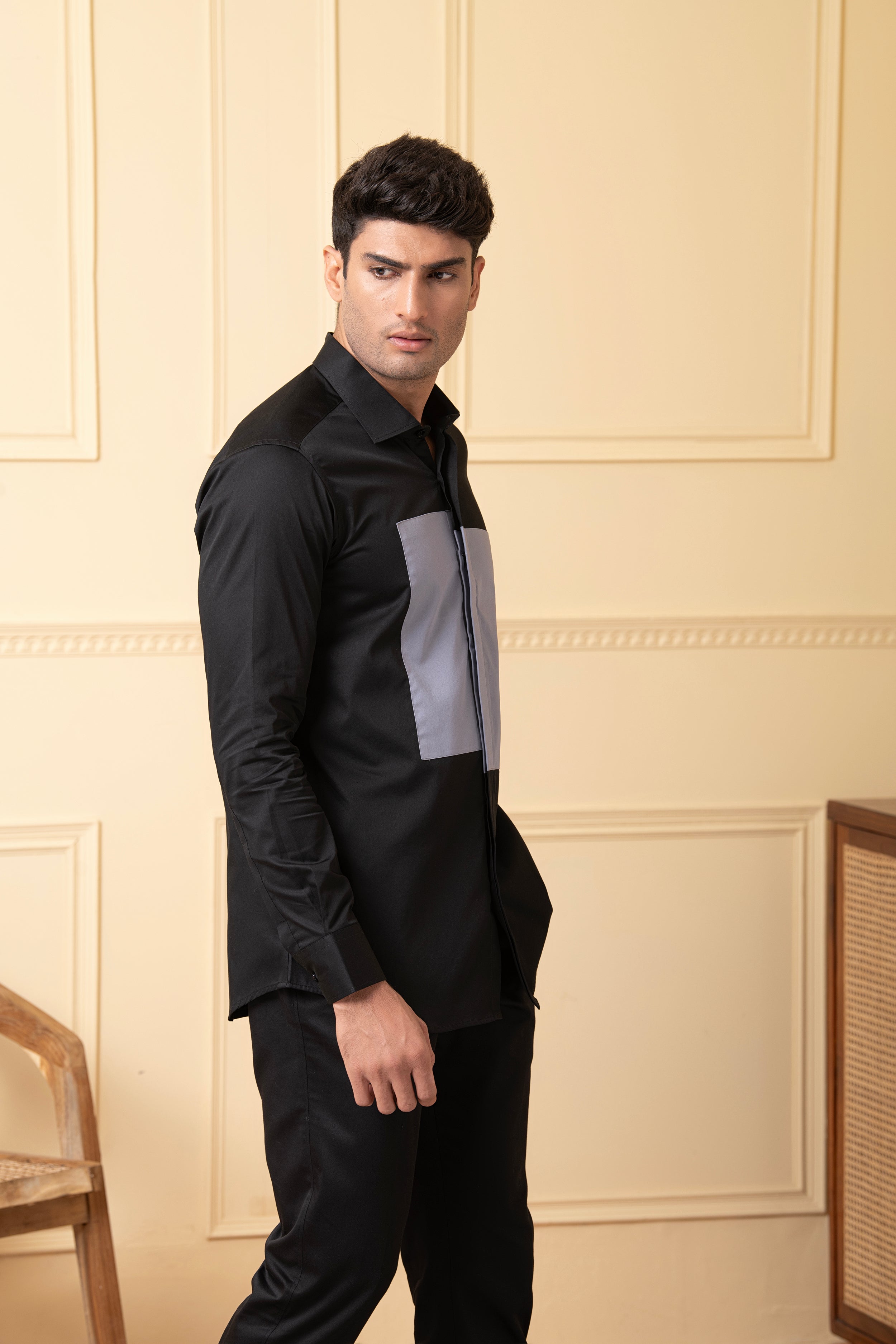 Black Shirt With Grey Patch Box by Hilo Design
