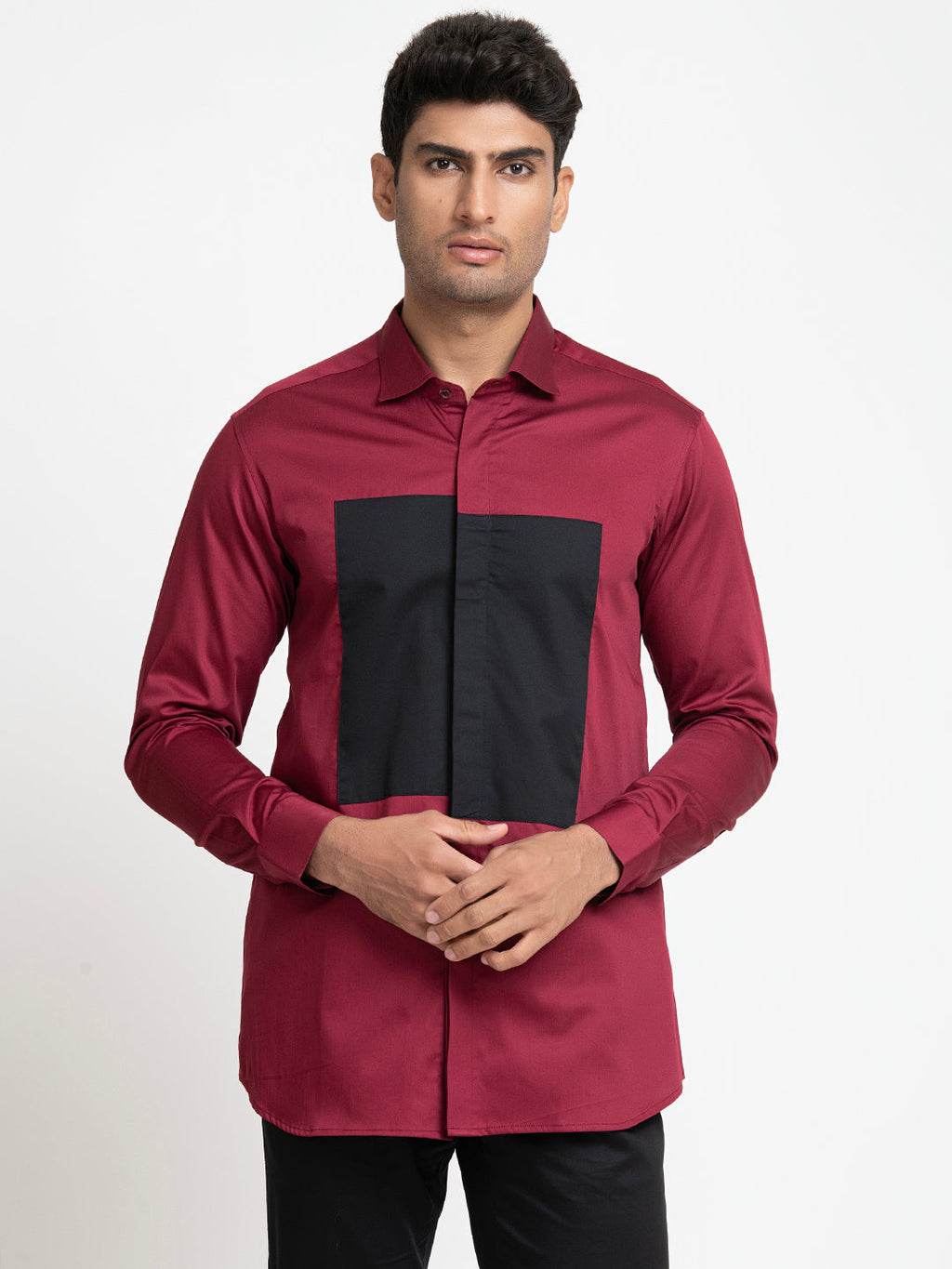 Red Shirt With Black Patch Box Shirt by Hilo Design