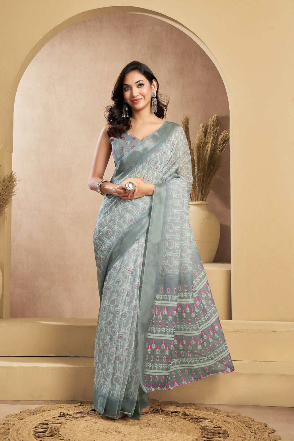 Vastranavya Grey Digital Printed Linen Ready To Wear Designer Saree with Unstitched Blouse