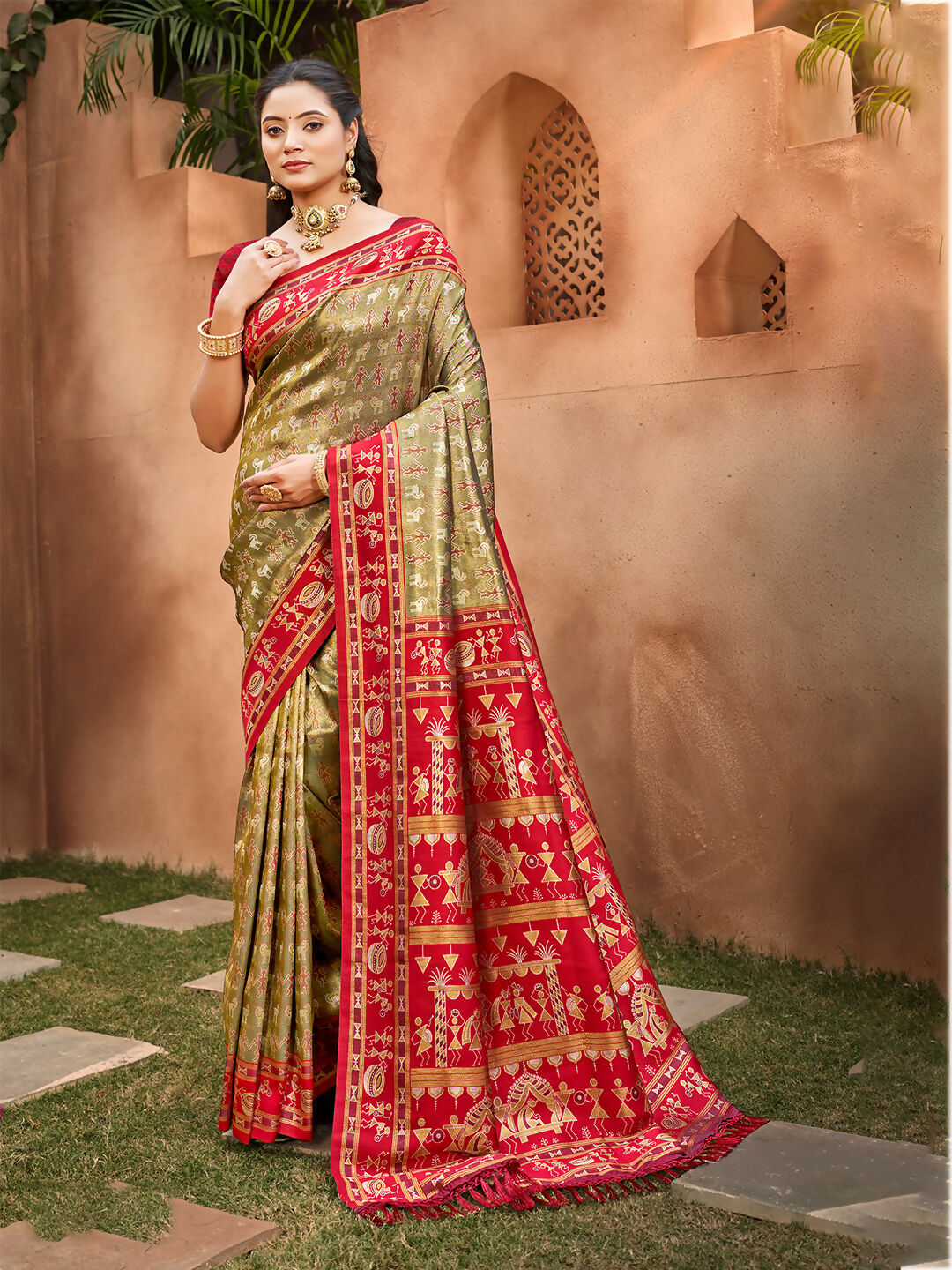 Sangam Prints Beige Kanjivaram Silk Woven Work Traditional Saree