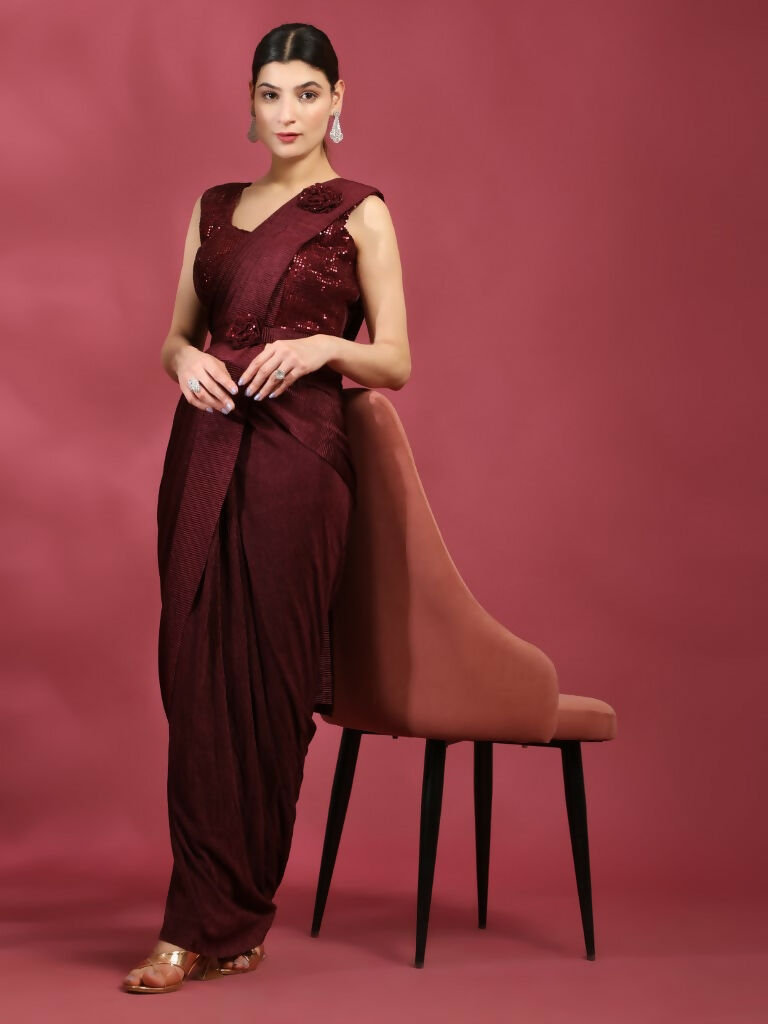 Maroon Imported Crush Lycra Texture Pattern Ready to Wear Saree with stitched Blouse - Nirvana
