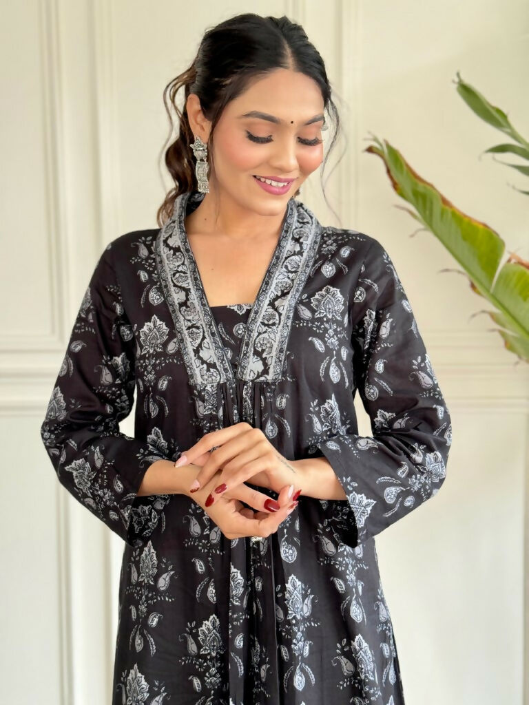 Black Pure Cotton Printed Anarkali Suit with Dupatta - Rashmika