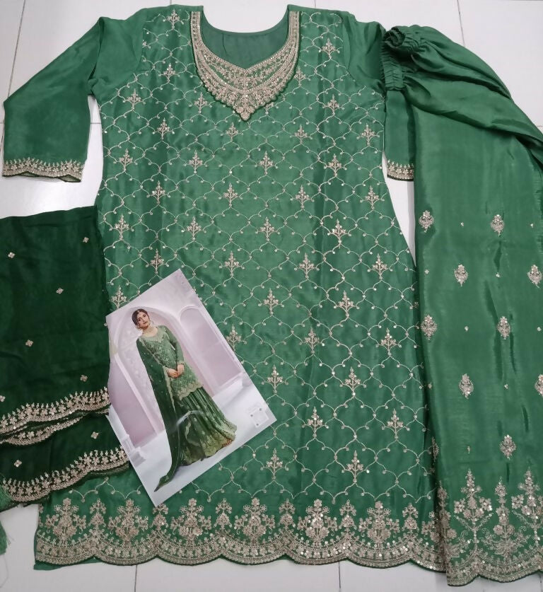 Vastranavya Exquisite Green Heavy Chinon with Embroidered & Sequins Work Salwar Suits
