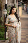 Grey Pure Linen Ethnic Motifs Saree with Unstitched Blouse - Hiral Fashion