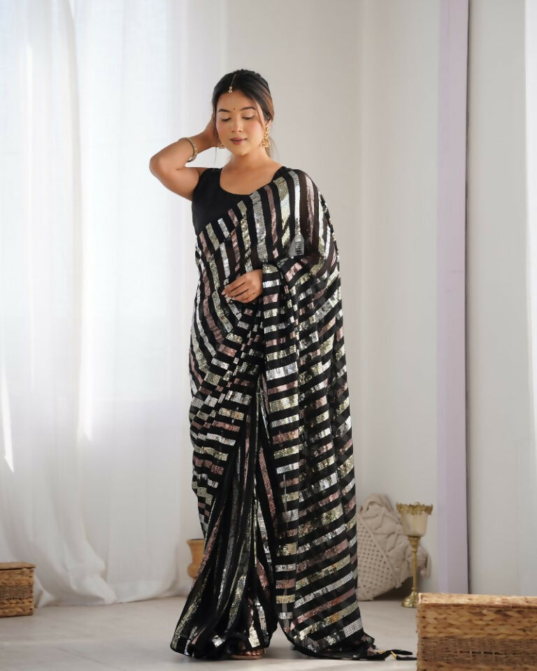 Black Georgette Sequance Embroidery Work Border Saree - Sitare