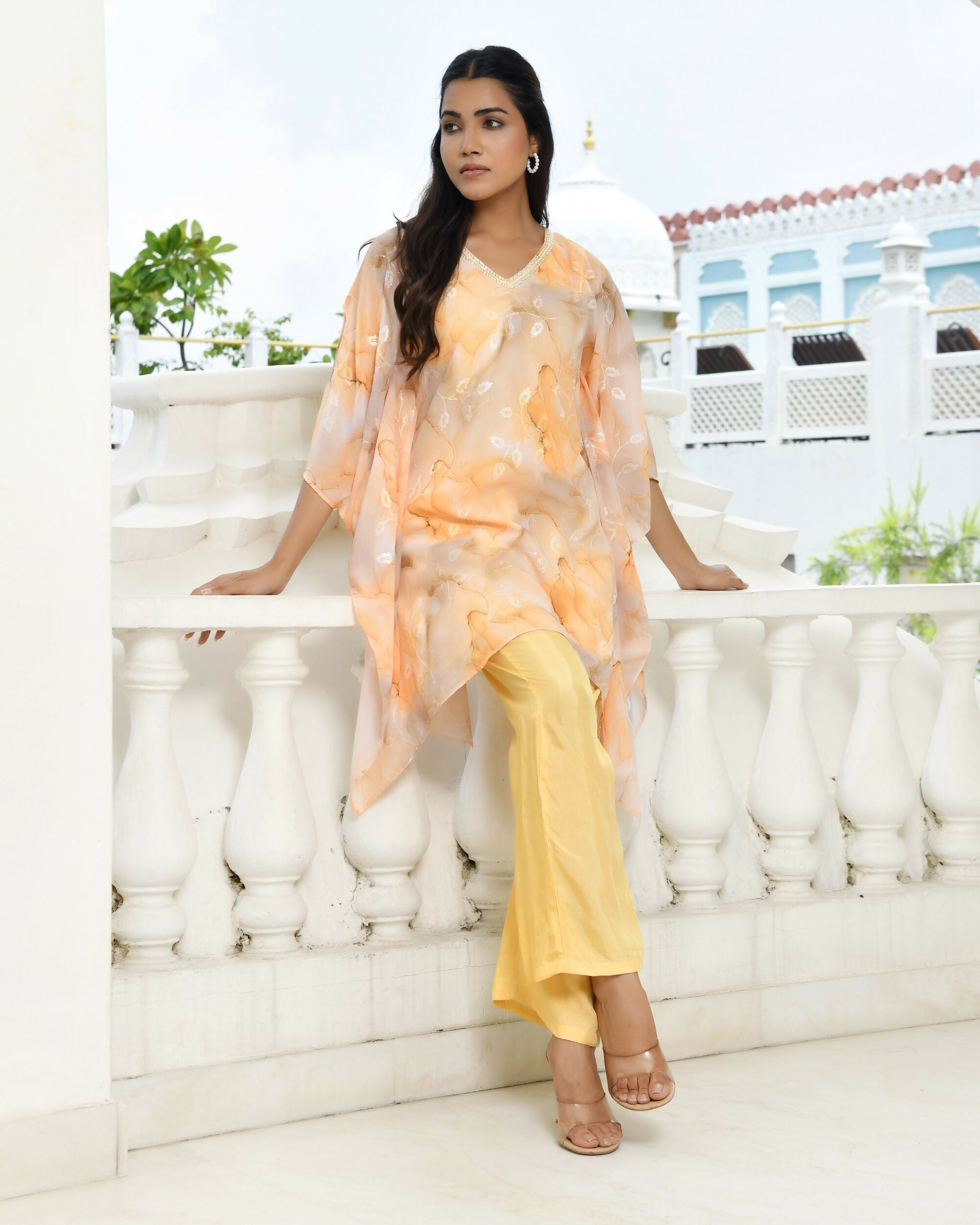 Vaasva Women's Lemon Georgette Marble Print Kaftan Pant Set