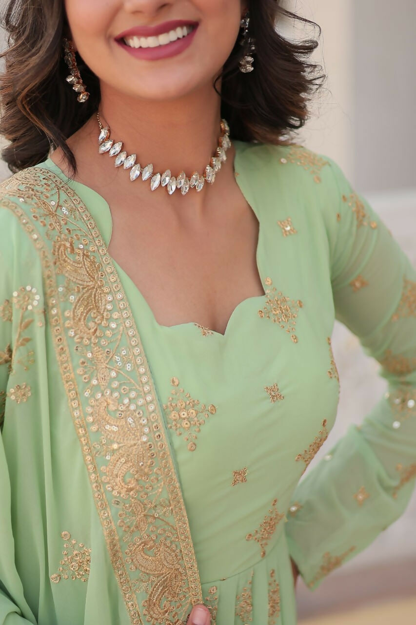 Vastranavya Faux Georgette with Zari & Sequins Embroidery Work Gown with Dupatta - Turquoise