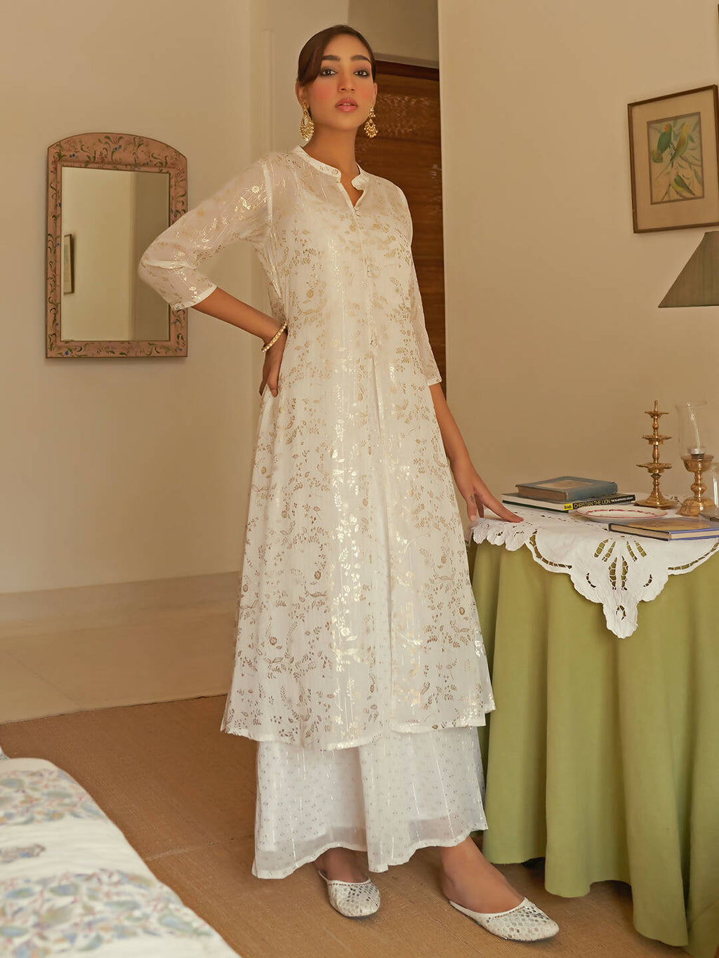 Janasya Women's White Chiffon Lurex Foil Printed Festive Flared Kurta Set