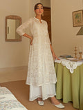 Janasya Women's White Chiffon Lurex Foil Printed Festive Flared Kurta Set