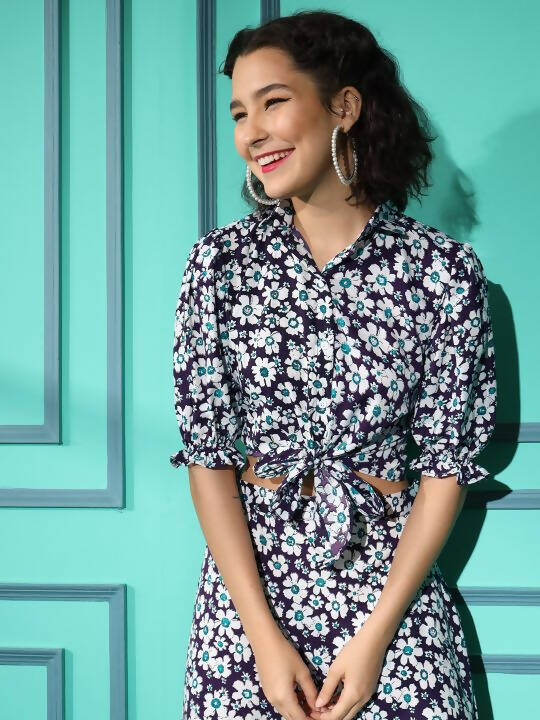 Purple Crepe Floral Printed Top with Matching Skirt - Shivani