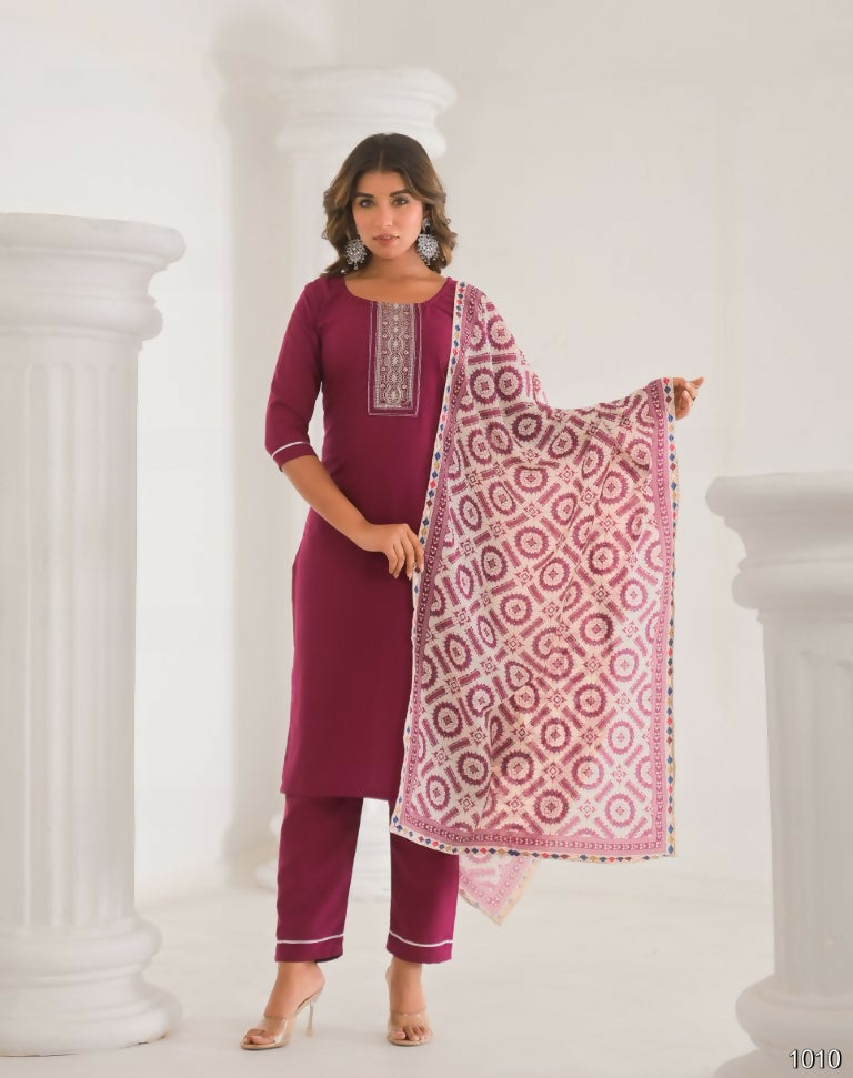 Festive Ethnic Viscose Chanderi Maroon Stitched Suit With Dupatta - Rashmika
