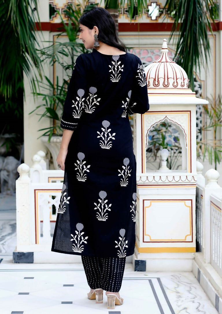 Miravan Women's Cotton Gota Patti Black Floral Printed Straight Kurta Palazzo With Dupatta Set