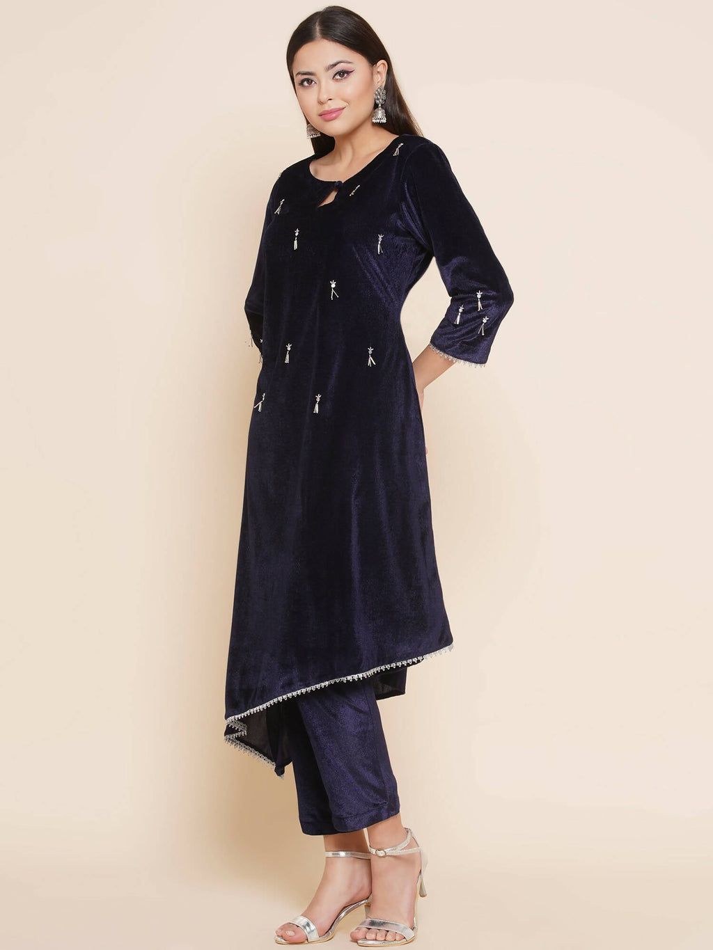 Women Republic Navy Blue Velvet Assymetrical Hand Embellished Kurta With Pants
