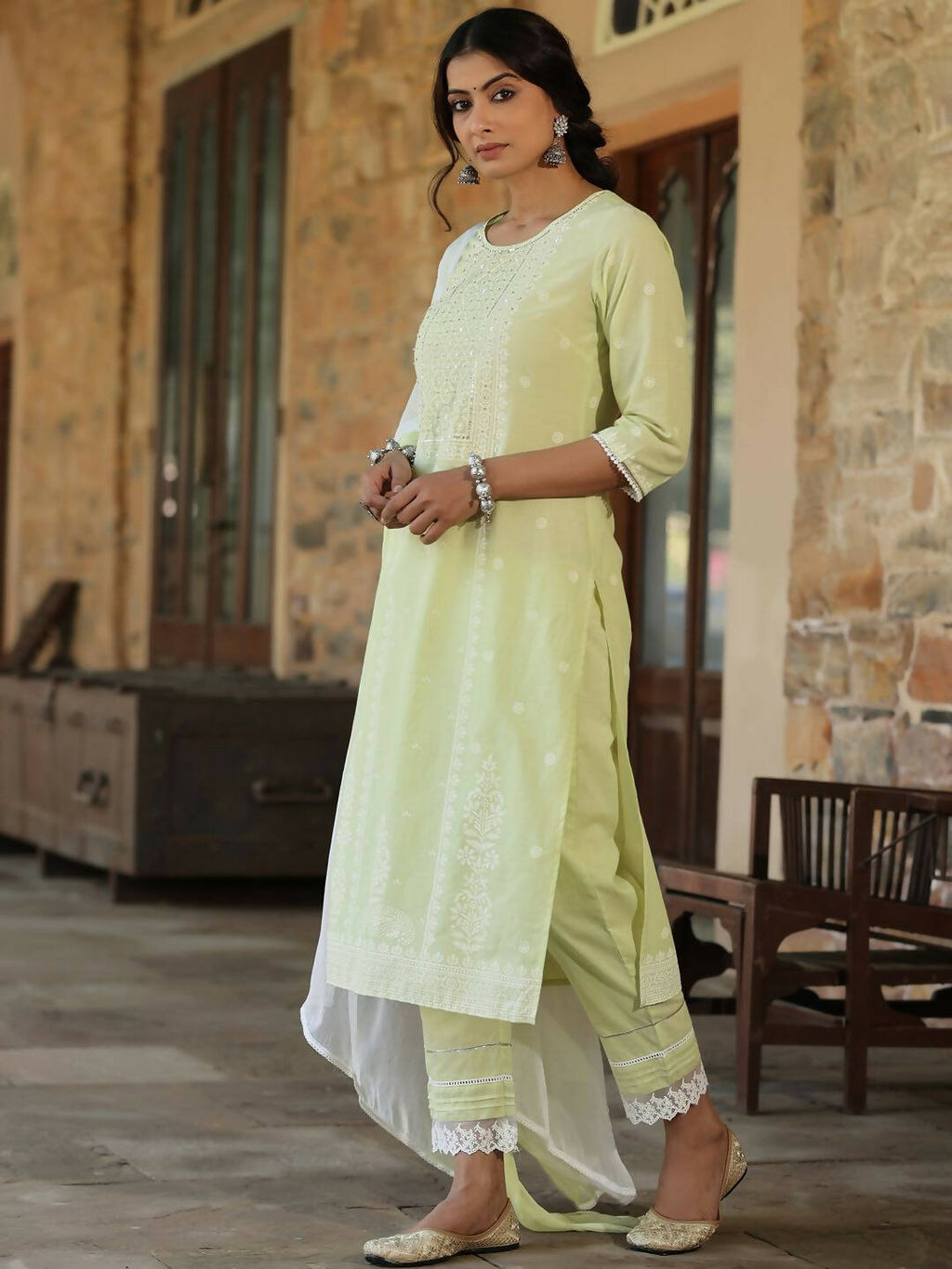 Juniper Women's Lime Green Cambric Floral Print Kurta Straight Pant And Duptta Sets