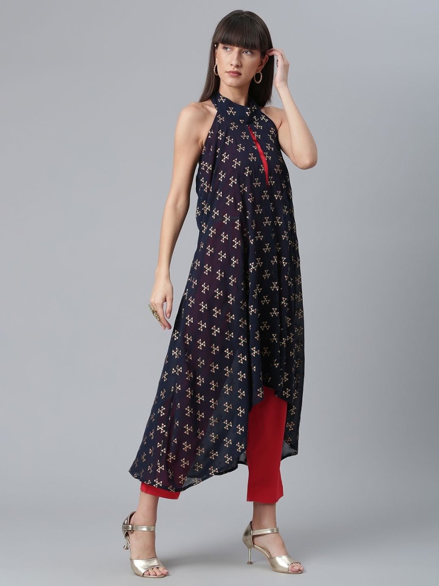 Ahalyaa Women Red Crepe Solid kurta Pant with Printed Jacket