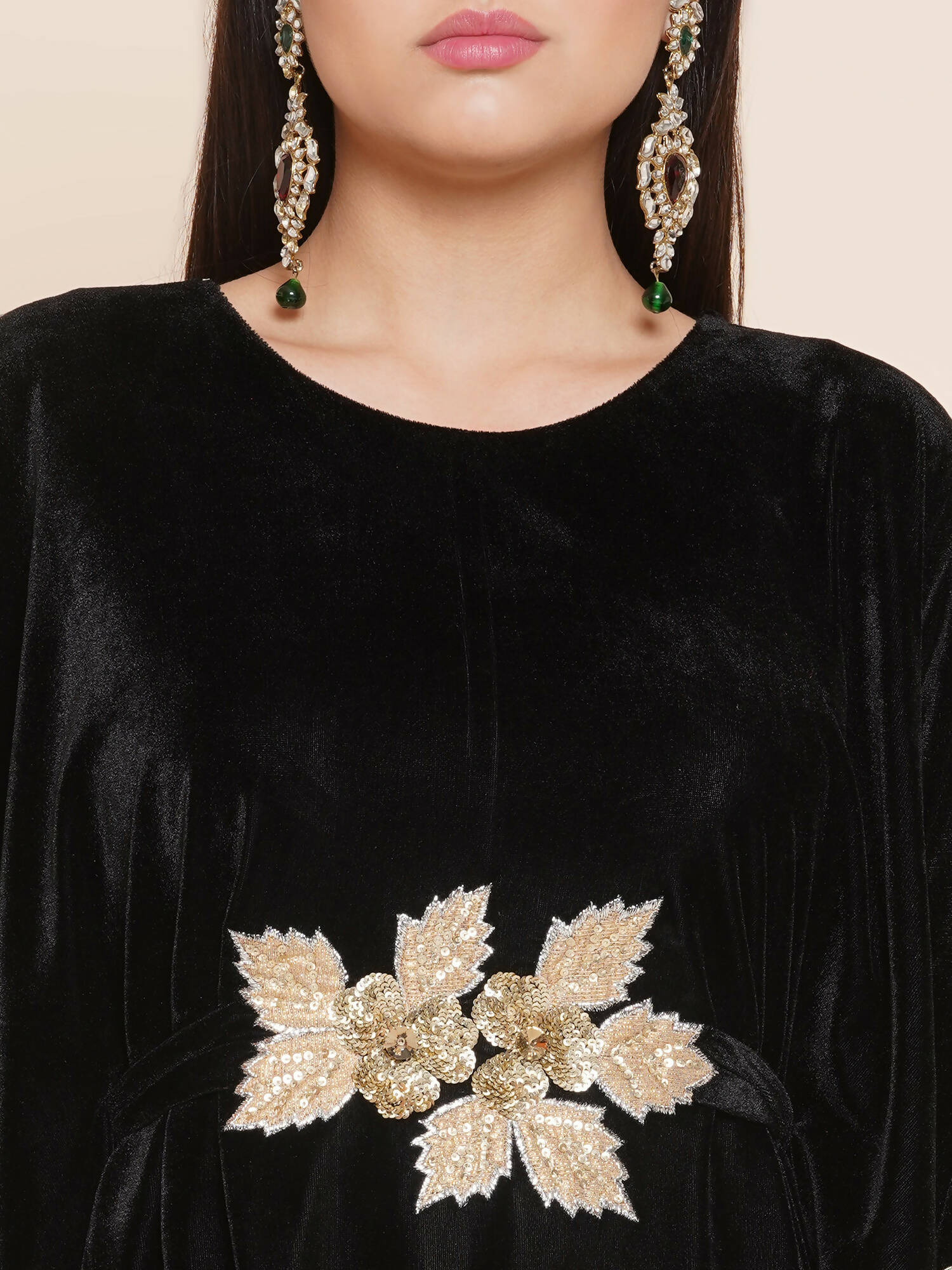 Women Republic Black Velvet Kaftaan Style Kurta With Pants