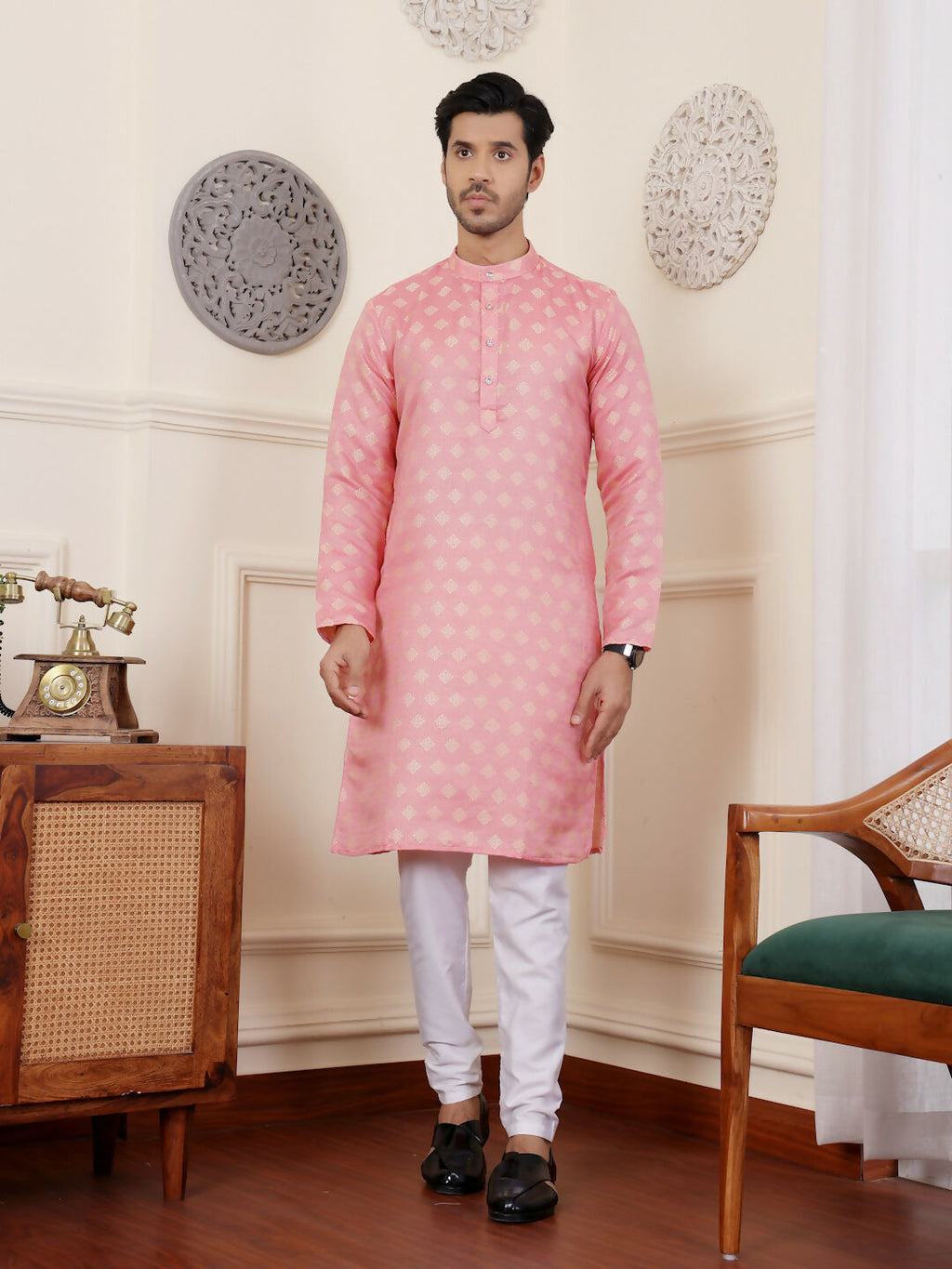 Pink Viscose Woven Jacquard Work Men's Rajwadi Kurta Set - Mahotsav