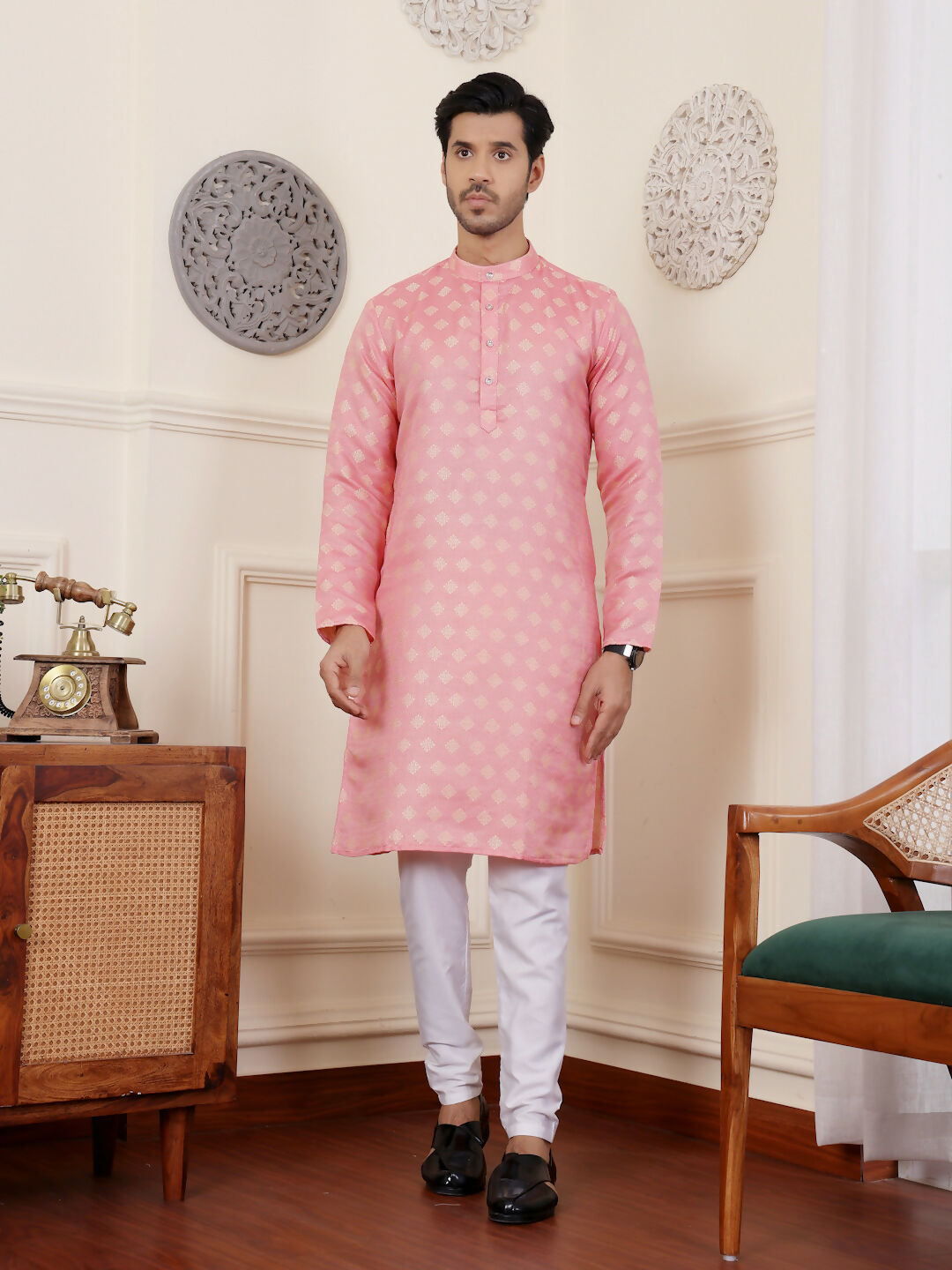 Pink Viscose Woven Jacquard Work Men's Rajwadi Kurta Set - Mahotsav