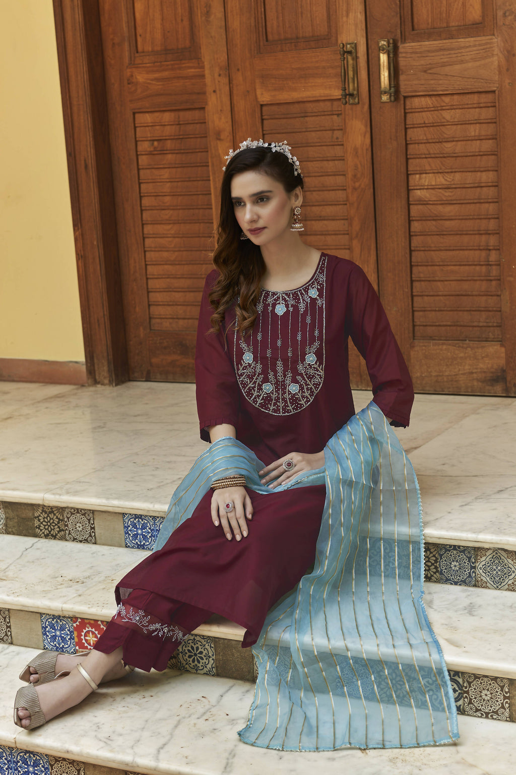 Wine Chinon Embroidered Kurta and Bottom with Dupatta - Akashara