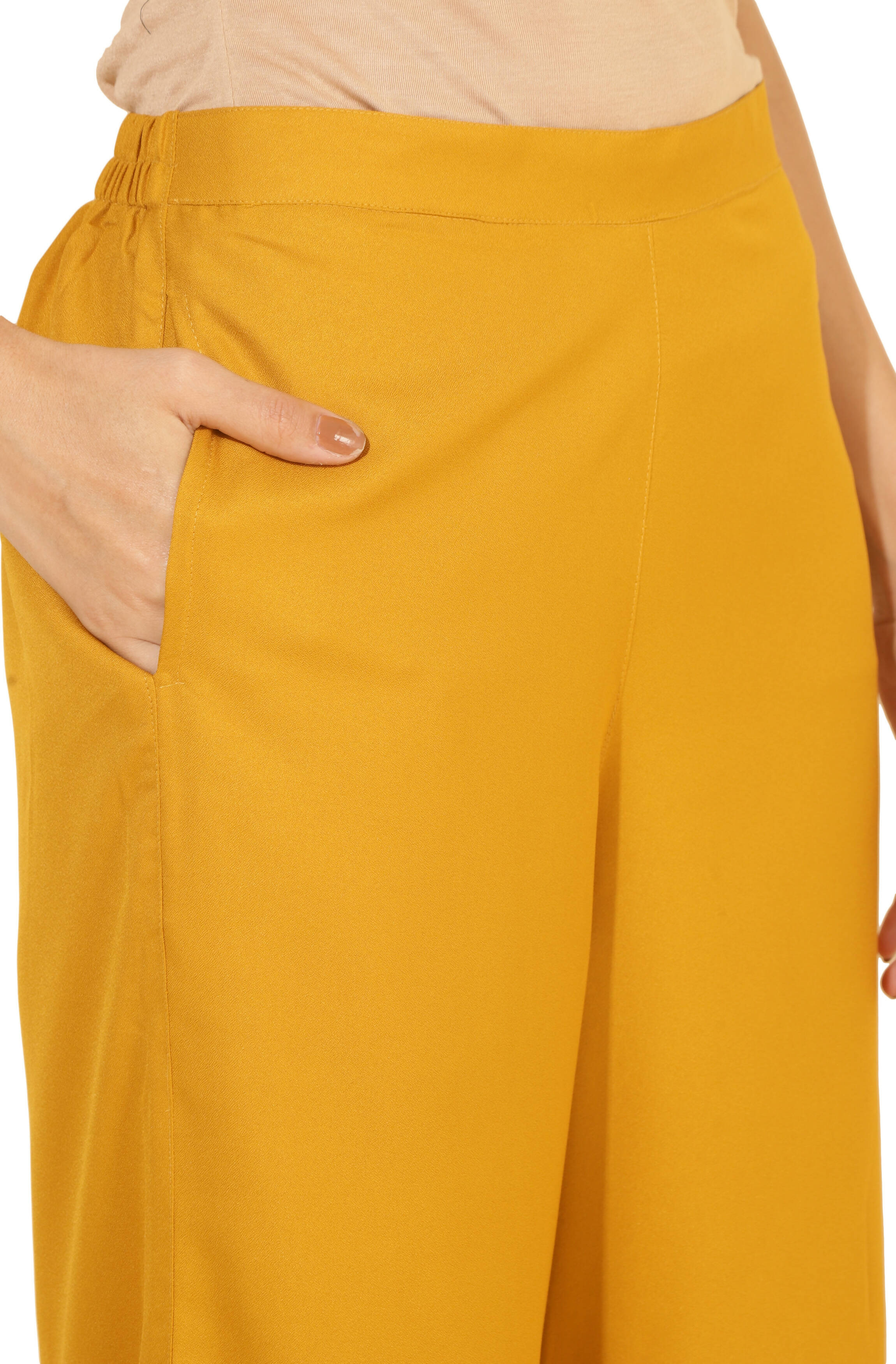 Janasya Women's Mustard Moss Solid Festive Crop Top Set