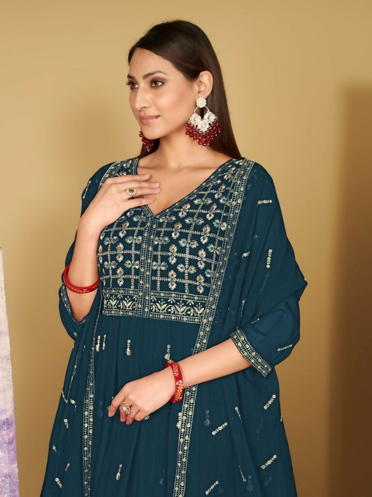 Jyoti Fashion Women's Rama Georgette Embroidered Anarkali Kurta Pant Set With Dupatta
