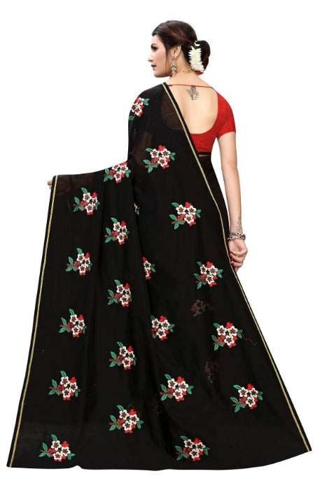 Vamika Chanderi Cotton Embroidery Black Saree (Mogra Black)