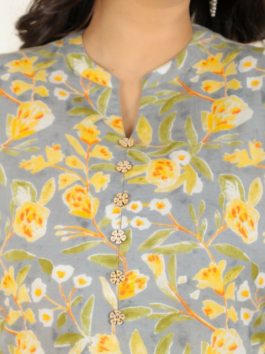 Aramya Straight Soft Cotton Floral Print Women's Kurta - Grey