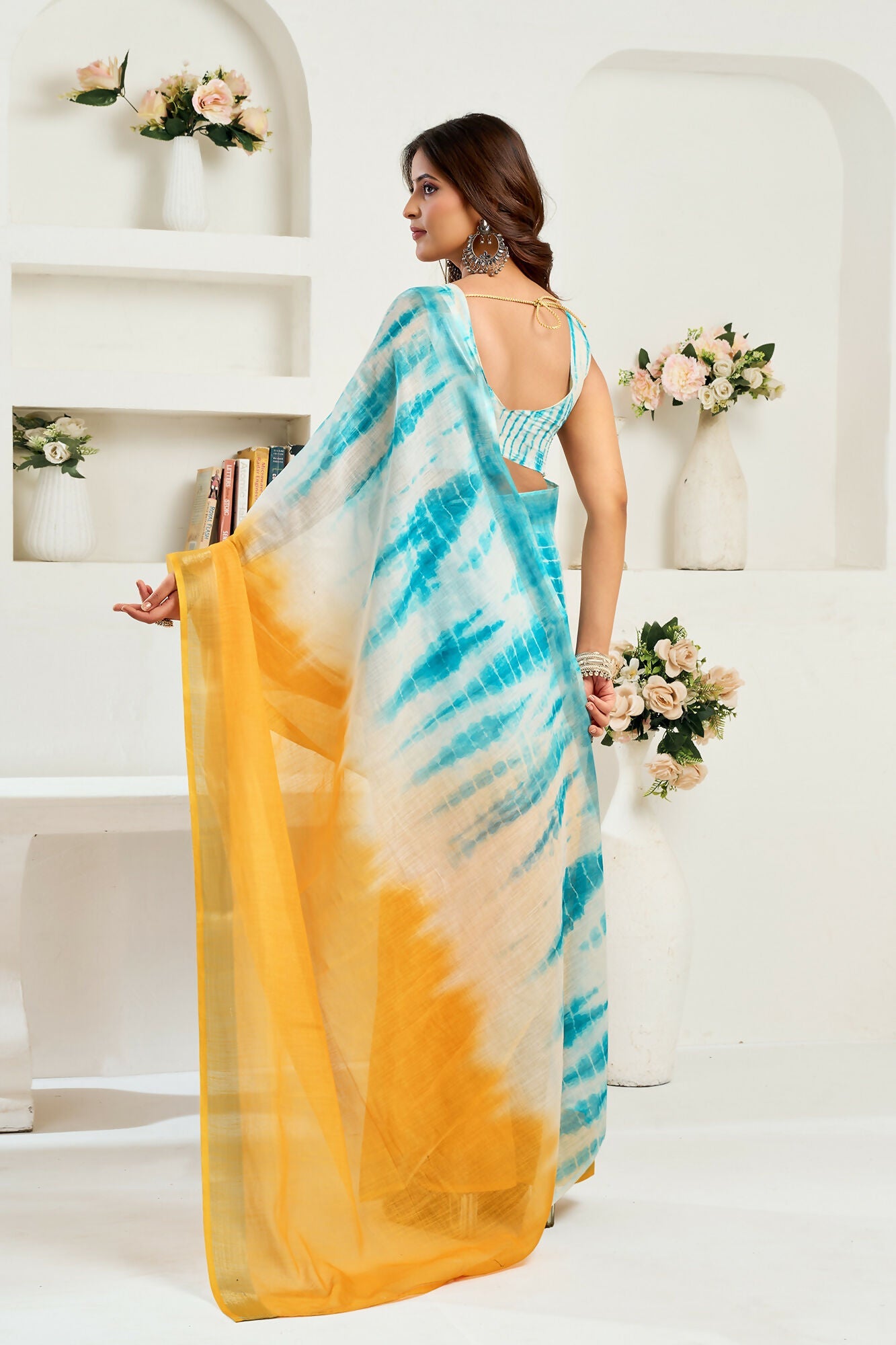 Vastranavya Multi Digital Printed Linen Ready To Wear Designer Saree with Unstitched Blouse