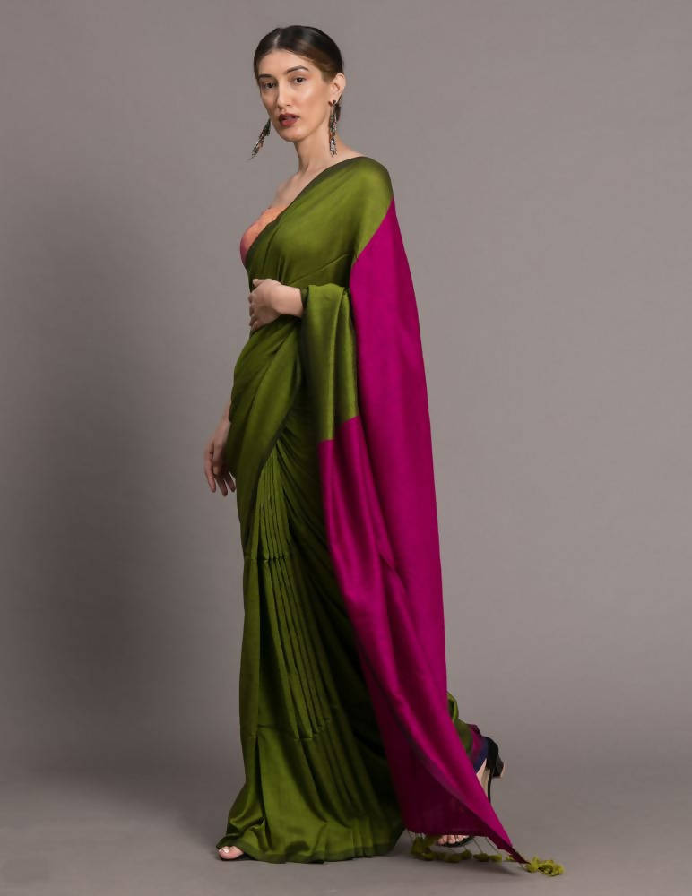 Suta Green Pink Colourblocked Saree