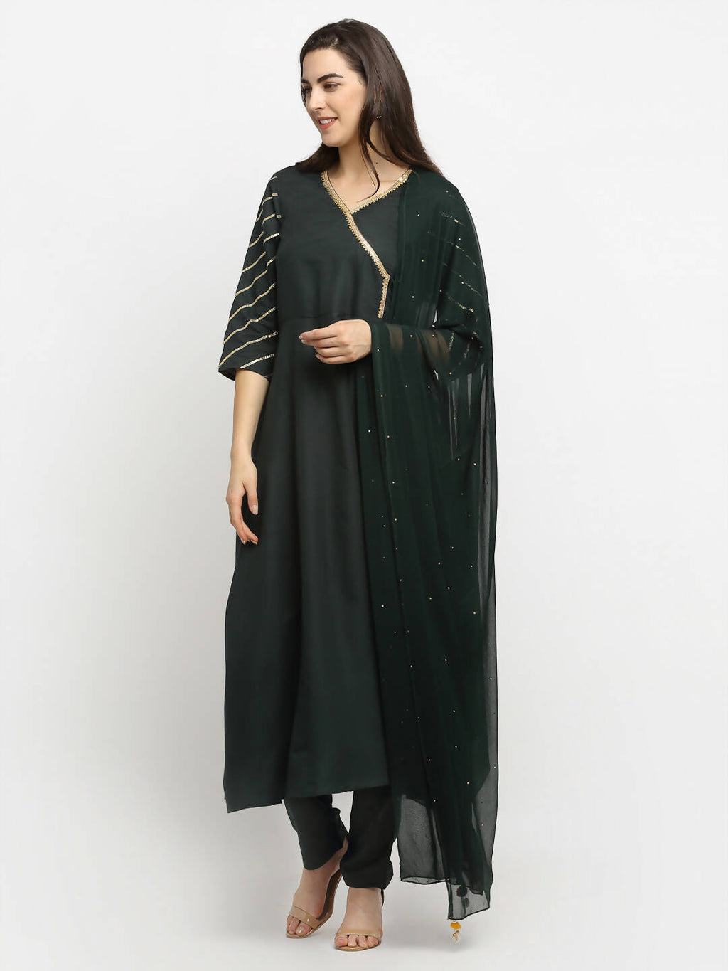 Rudra Bazaar Green Angrakha Style Flared Anarkali Kurta with Pyjamas & Dupatta