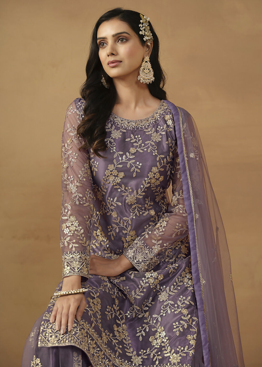 Dusty Purple Net Embroidered Wedding Festive Gharara Suit - Emponline