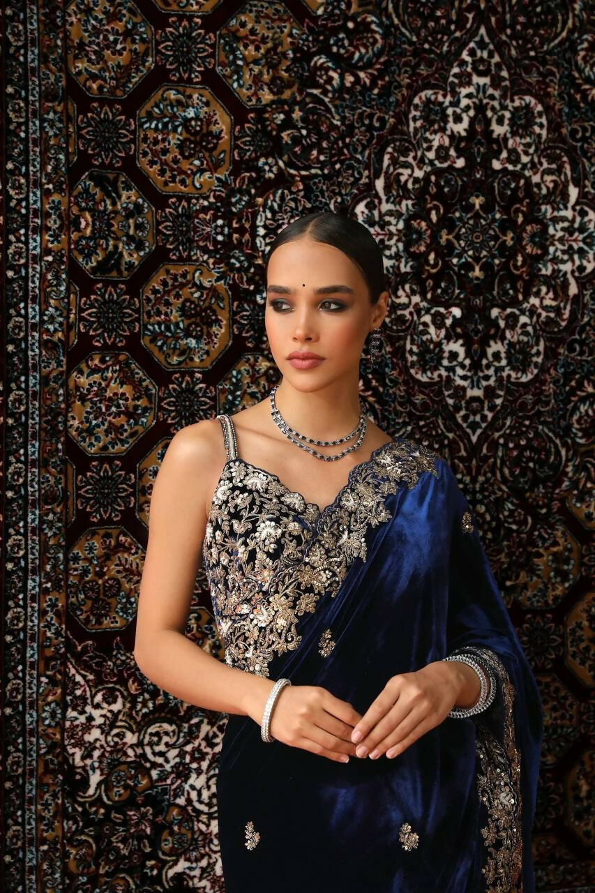 Vastranavya Designer Velvet Sequence & Zari Thread Embroidery work with border and Cutwork Saree - Navy Blue