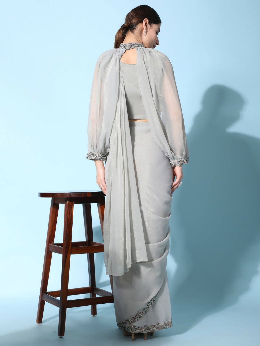 Grey Fancy Pure Fabric Plain Ready to wear Saree with stitched Blouse - Vrinda
