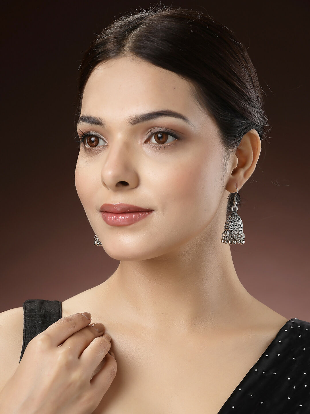 NVR Women's Silver-Toned German Silver Oxidised Dome Shaped Jhumka Earrings