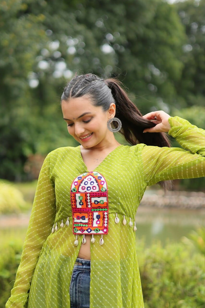 Vastranavya Parrot Green Navratri Special Kutchi Patch Work with Leheriya Printed Kurti