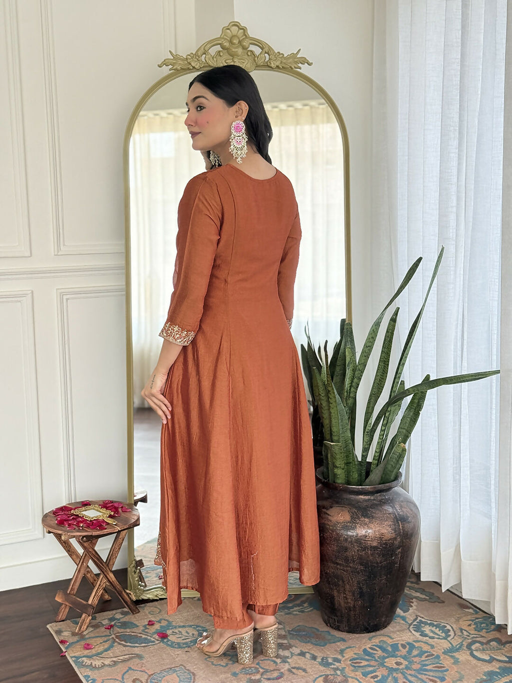 The52 Rust Women's Gorgeous Embroidered Vichitra Silk Fabric Flared Kurta, Pant and Dupatta Set