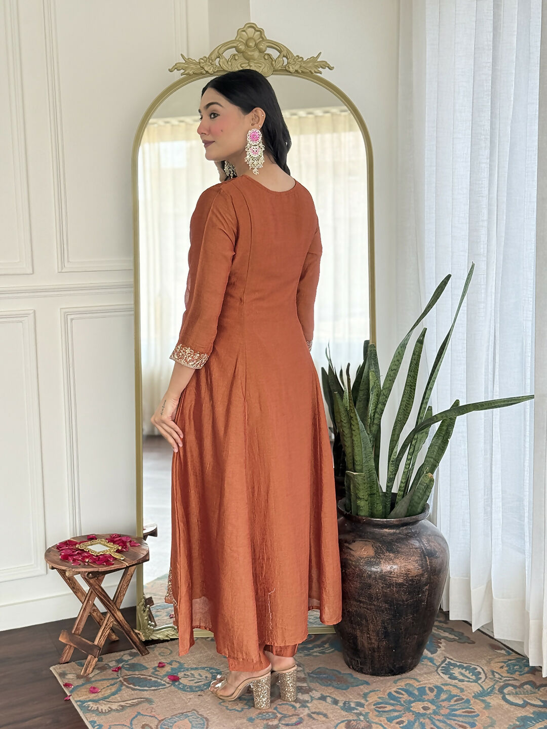The52 Rust Women's Gorgeous Embroidered Vichitra Silk Fabric Flared Kurta, Pant and Dupatta Set