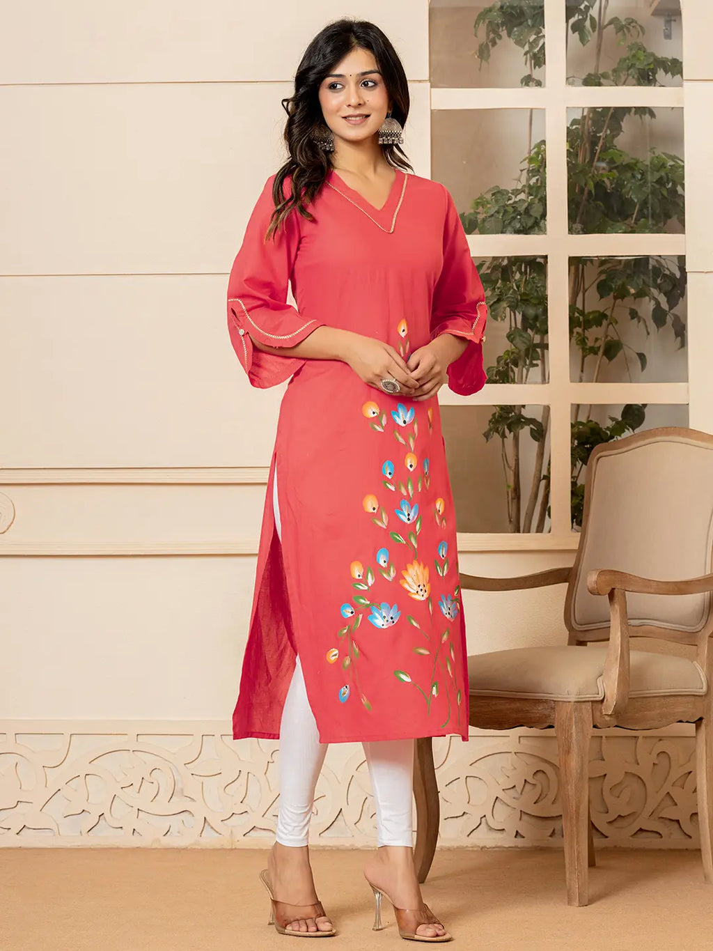 Yufta Hot Pink Hand Painted Straight Kurta