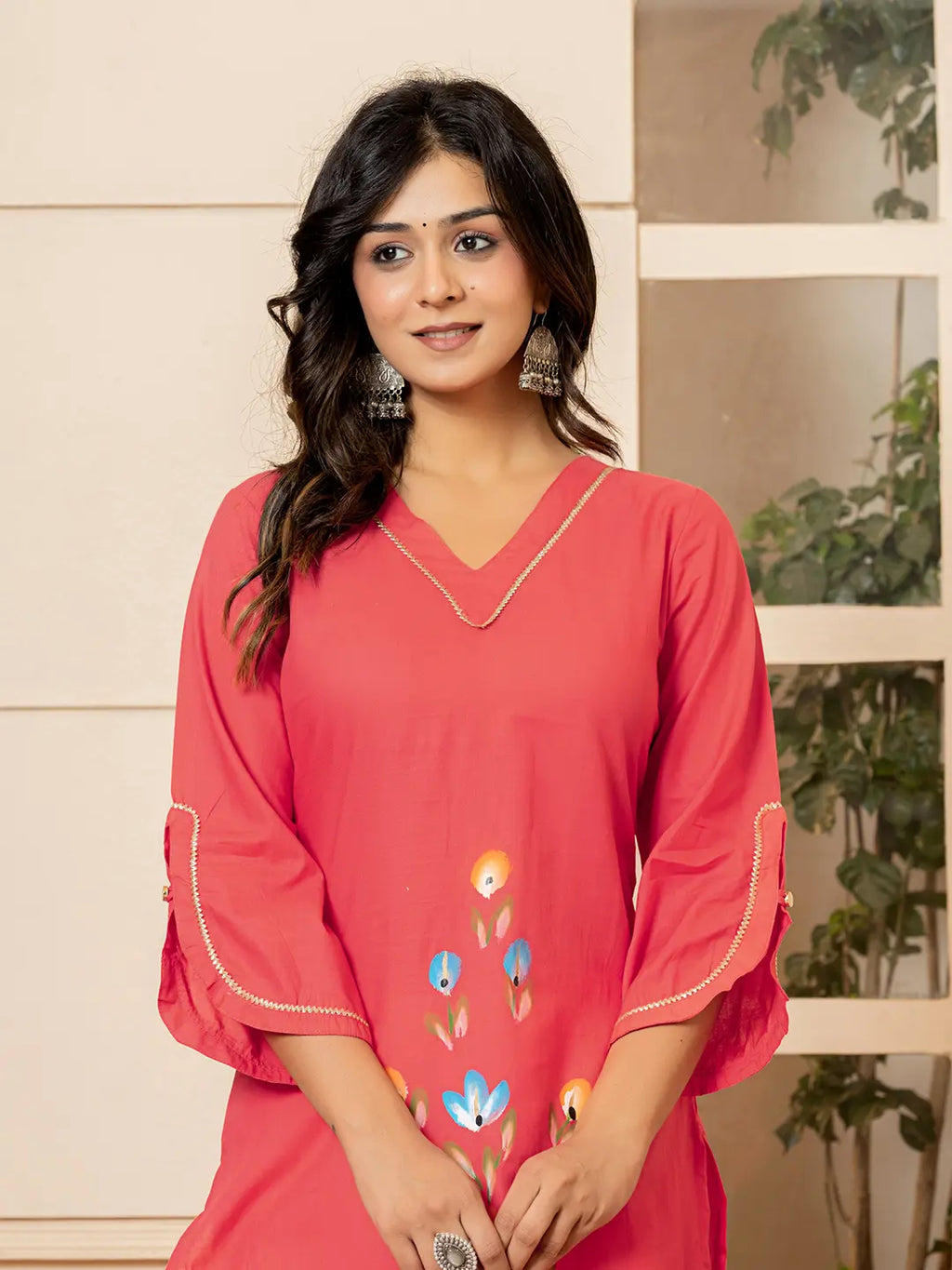 Yufta Hot Pink Hand Painted Straight Kurta
