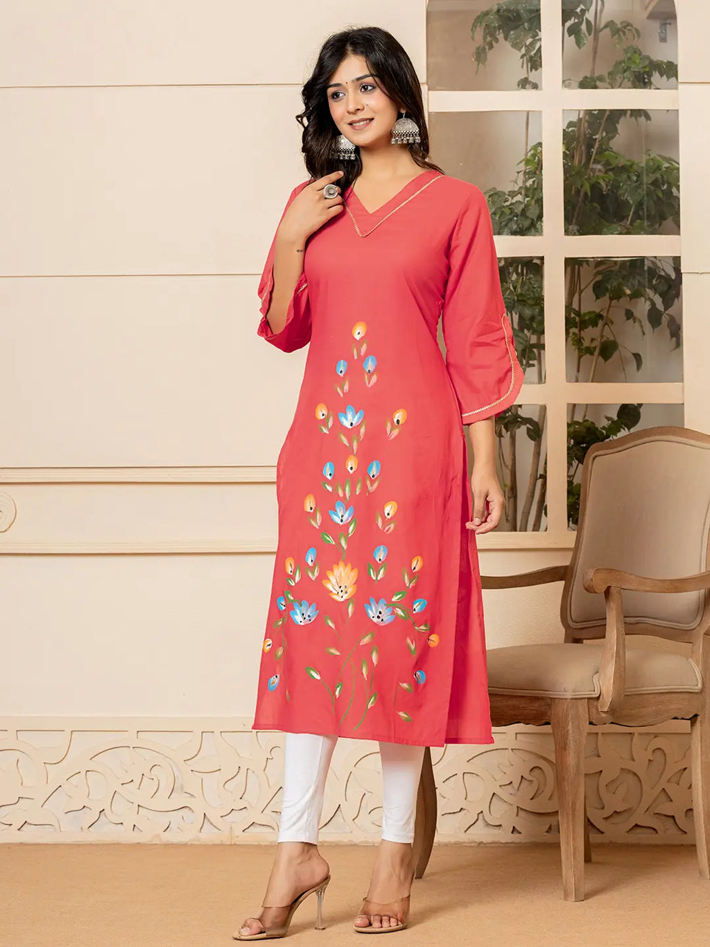 Yufta Hot Pink Hand Painted Straight Kurta